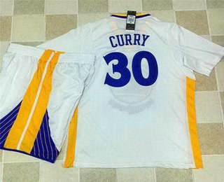 Men's Golden State Warriors #30 Stephen Curry White Short-Sleeved Revolution 30 Swingman Basketball Jersey With Shorts