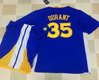 Men's Golden State Warriors #35 Kevin Durant Blue Short-Sleeved Revolution 30 Swingman Basketball Jersey With Shorts