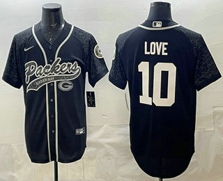 Men's Green Bay Packers #10 Jordan Love Black Reflective With Patch Cool Base Stitched Baseball Jersey