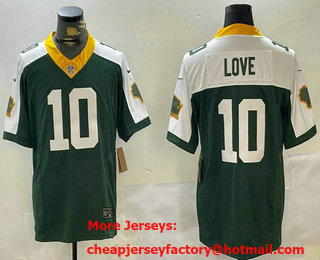 Men's Green Bay Packers #10 Jordan Love Green White 2023 FUSE Home Patch Vapor Limited Stitched Jersey