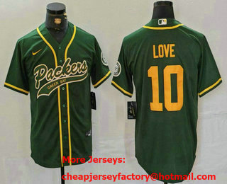 Men's Green Bay Packers #10 Jordan Love Green With Patch Cool Base Stitched Baseball Jersey