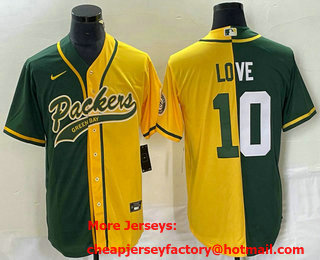 Men's Green Bay Packers #10 Jordan Love Green Yellow Split With Patch Cool Base Stitched Baseball Jersey