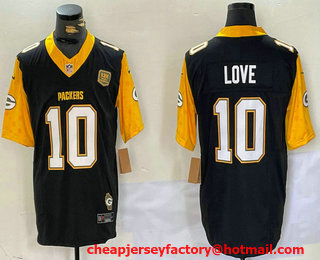Men's Green Bay Packers #10 Jordan Love Limited Black Yellow 13 X World Champions FUSE Vapor Jersey
