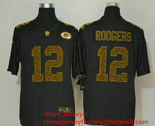 Men's Green Bay Packers #12 Aaron Rodgers Black 2020 Nike Flocked Leopard Print Vapor Limited NFL Jersey