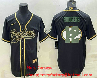 Men's Green Bay Packers #12 Aaron Rodgers Black Team Big Logo With Patch Cool Base Stitched Baseball Jersey