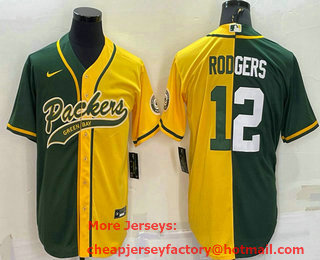 Men's Green Bay Packers #12 Aaron Rodgers Green Yellow Split With Patch Cool Base Stitched Baseball Jersey
