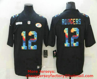 Men's Green Bay Packers #12 Aaron Rodgers Multi-Color Black 2020 NFL Crucial Catch Vapor Untouchable Nike Limited Jersey