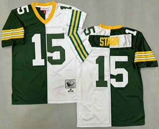 Men's Green Bay Packers #15 Bart Starr Green White Split 1969 Throwback Jersey