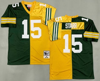 Men's Green Bay Packers #15 Bart Starr Green Yellow Split 1969 Throwback Jersey