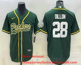 Men's Green Bay Packers #28 AJ Dillon Green With Patch Cool Base Stitched Baseball Jersey
