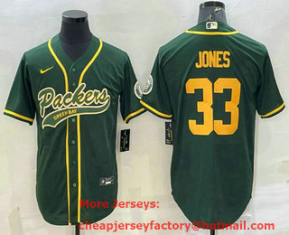 Men's Green Bay Packers #33 Aaron Jones Green Yellow With Patch Cool Base Stitched Baseball Jersey