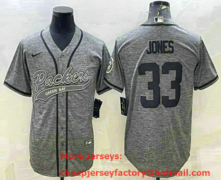 Men's Green Bay Packers #33 Aaron Jones Grey Gridiron With Patch Cool Base Stitched Baseball Jersey