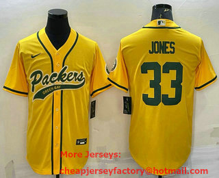 Men's Green Bay Packers #33 Aaron Jones Yellow With Patch Cool Base Stitched Baseball Jersey