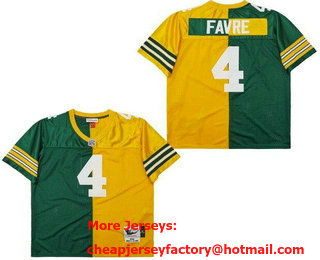 Men's Green Bay Packers #4 Brett Favre Green Yellow Split 1996 Throwback Jersey