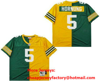 Men's Green Bay Packers #5 Paul Hornung Green Yellow Split 1961 Throwback Jersey