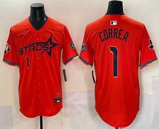 Men's Houston Astros #1 Carlos Correa Orange 2025 City Connect With Texas Patch Limited Stitched Jersey