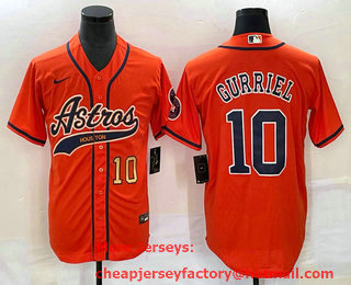 Men's Houston Astros #10 Yuli Gurriel Number Orange With Patch Cool Base Stitched Baseball Jersey