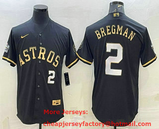 Men's Houston Astros #2 Alex Bregman Number Black Gold 2022 World Series Stitched Baseball Jersey