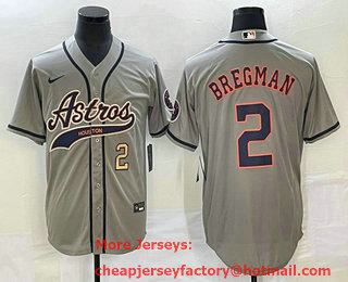 Men's Houston Astros #2 Alex Bregman Number Grey With Patch Cool Base Stitched Baseball Jersey