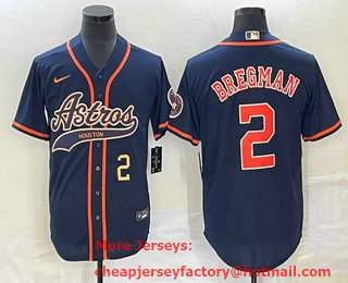 Men's Houston Astros #2 Alex Bregman Number Navy Blue With Patch Cool Base Stitched Baseball Jersey