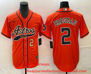 Men's Houston Astros #2 Alex Bregman Number Orange With Patch Cool Base Stitched Baseball Jersey