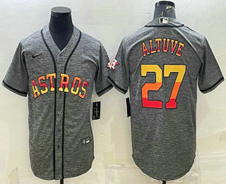 Men's Houston Astros #27 Jose Altuve Grey Gridiron Gridiron With Patch Cool Base Stitched Baseball Jersey