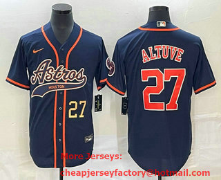 Men's Houston Astros #27 Jose Altuve Number Navy Blue With Patch Cool Base Stitched Baseball Jersey