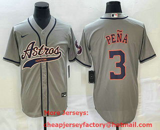 Men's Houston Astros #3 Jeremy Pena Grey With Patch Cool Base Stitched Baseball Jersey