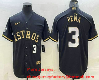 Men's Houston Astros #3 Jeremy Pena Number Black Gold 2022 World Series Stitched Baseball Jersey