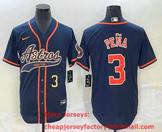 Men's Houston Astros #3 Jeremy Pena Number Navy Blue With Patch Cool Base Stitched Baseball Jersey