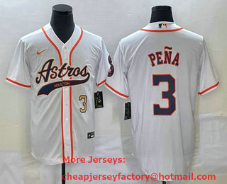 Men's Houston Astros #3 Jeremy Pena Number White With Patch Cool Base Stitched Baseball Jersey