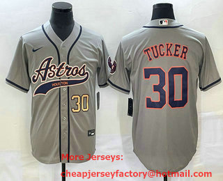 Men's Houston Astros #30 Kyle Tucker Number Grey With Patch Cool Base Stitched Baseball Jersey