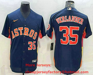 Men's Houston Astros #35 Justin Verlander Number Navy Blue With Patch Stitched MLB Cool Base Nike Jersey