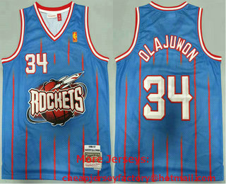 Men's Houston Rockets #34 Hakeem Olajuwon 1996-97 Light Blue Gold NBA Hardwood Classics Soul Swingman Throwback Jersey