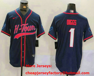 Men's Houston Texans #1 Stefon Diggs Navy With Patch Cool Base Stitched Baseball Jersey