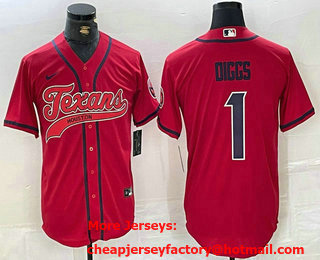 Men's Houston Texans #1 Stefon Diggs Red With Patch Cool Base Stitched Baseball Jersey