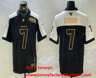 Men's Houston Texans #7 CJ Stroud Black White Golden 2023 FUSE South Champions Patch Limited Stitched Jersey