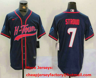 Men's Houston Texans #7 CJ Stroud Navy With Patch Cool Base Stitched Baseball Jersey