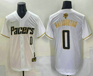 Men's Indiana Pacers #0 Tyrese Haliburton White Gold 2025 Finals Vapor Stitched Baseball Jersey