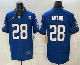 Men's Indianapolis Colts #28 Jonathan Taylor Blue FUSE Jim Irsay Patch Throwback Vapor Limited Jersey