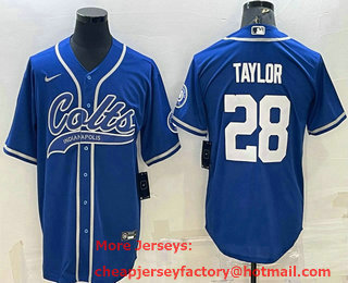Men's Indianapolis Colts #28 Jonathan Taylor Blue With Patch Cool Base Stitched Baseball Jersey
