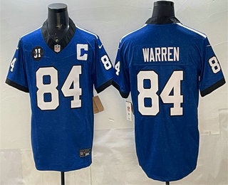 Men's Indianapolis Colts #84 Tyler Warren Blue 2025 FUSE Jim Irsay Patch Throwback Vapor Limited Stitched Jersey