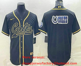 Men's Indianapolis Colts Black Gold Team Big Logo With Patch Cool Base Stitched Baseball Jersey