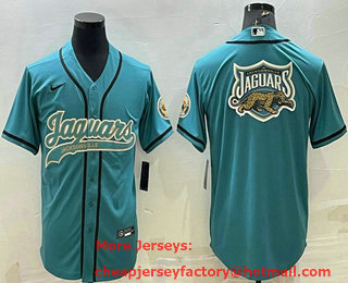 Men's Jacksonville Jaguars Teal Team Big Logo With Patch Cool Base Stitched Baseball Jersey