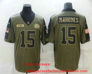 Men's Kansas City Chiefs #15 Patrick Mahomes 2021 Olive Salute To Service Limited Stitched Jersey