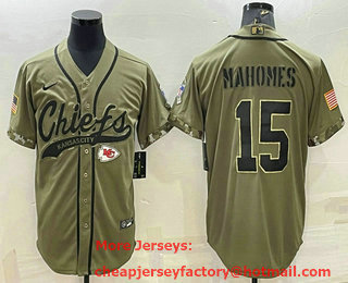 Men's Kansas City Chiefs #15 Patrick Mahomes 2022 Olive Salute to Service Cool Base Stitched Baseball Jersey