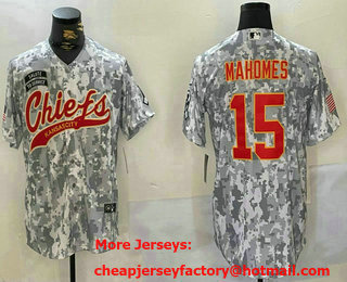 Men's Kansas City Chiefs #15 Patrick Mahomes Arctic Camo 2024 Salute to Service Stitched Baseball Jersey