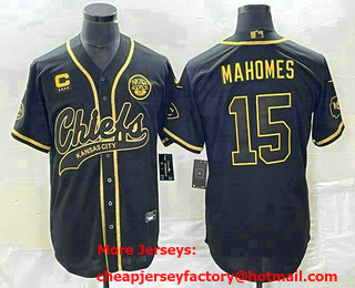 Men's Kansas City Chiefs #15 Patrick Mahomes Black Gold C Patch Cool Base Stitched Baseball Jersey