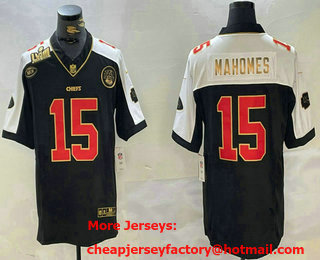 Men's Kansas City Chiefs #15 Patrick Mahomes Black Gold FUSE Vapor Super Bowl LVIII Patch Limited Stitched Jersey