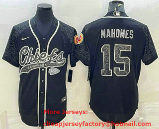 Men's Kansas City Chiefs #15 Patrick Mahomes Black Reflective With Patch Cool Base Stitched Baseball Jersey